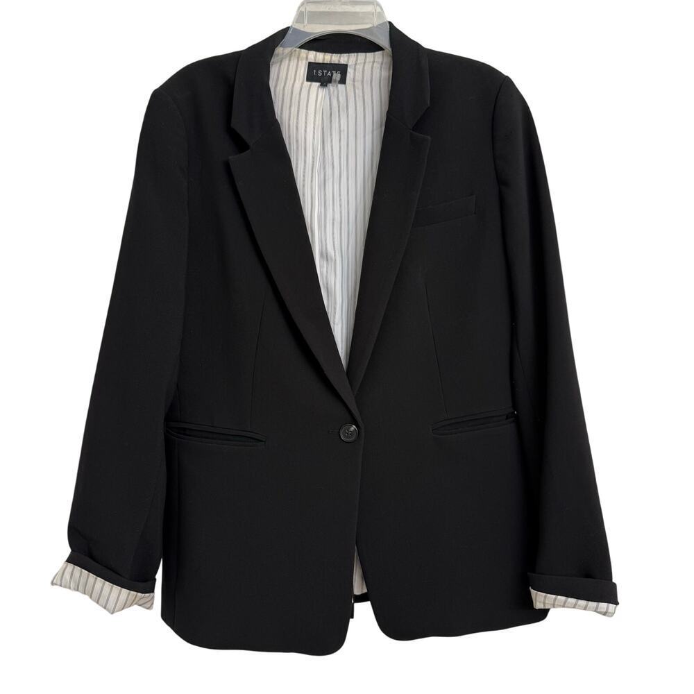 1.State Women Black Single Button Blazer Jacket Stripe Lined Career Office Sz 16